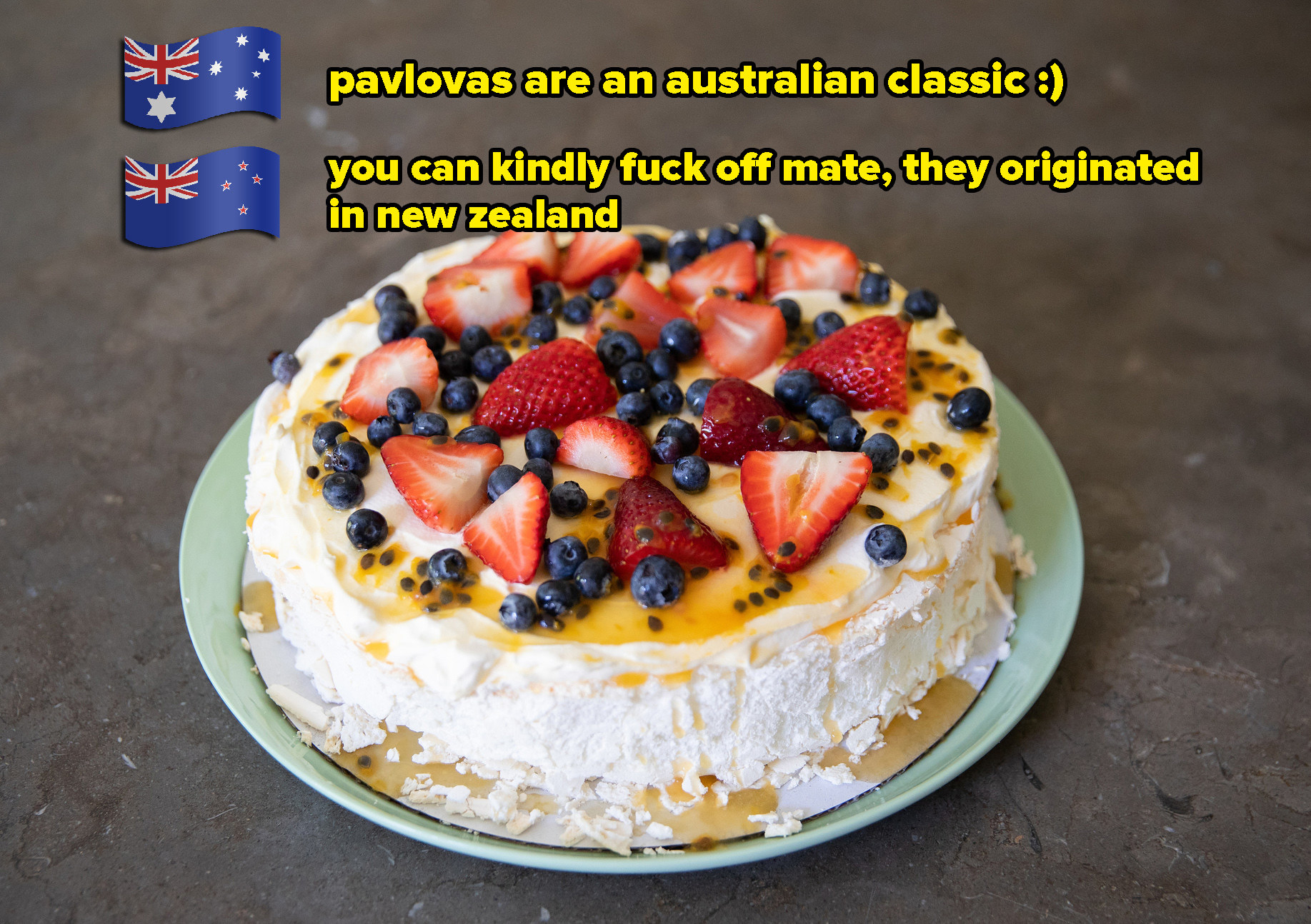 A pavlova — Australians and New Zealanders often argue about where this dessert originated from