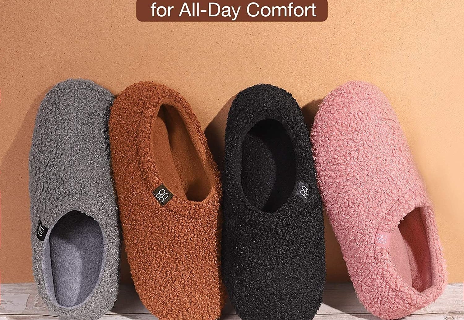 four pairs of different colored fuzzy slippers