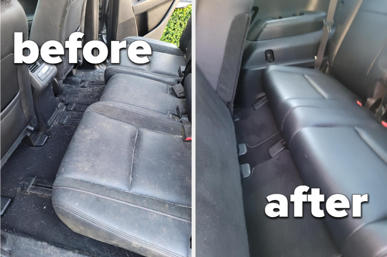 a before and after photo from a reviewer with a back seat covered in pet hair and an after photo where all the pet hair has been vacuumed