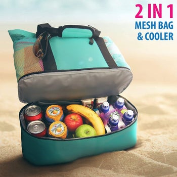 The turquoise beach bag with the cooler compartment holding food and drinks