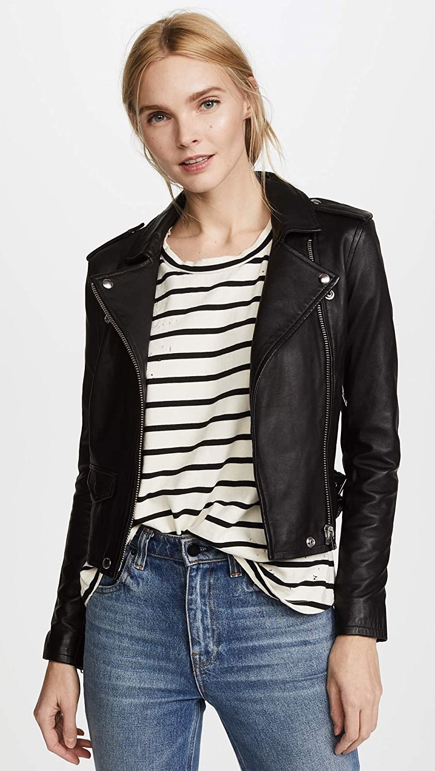 model in black moto jacket