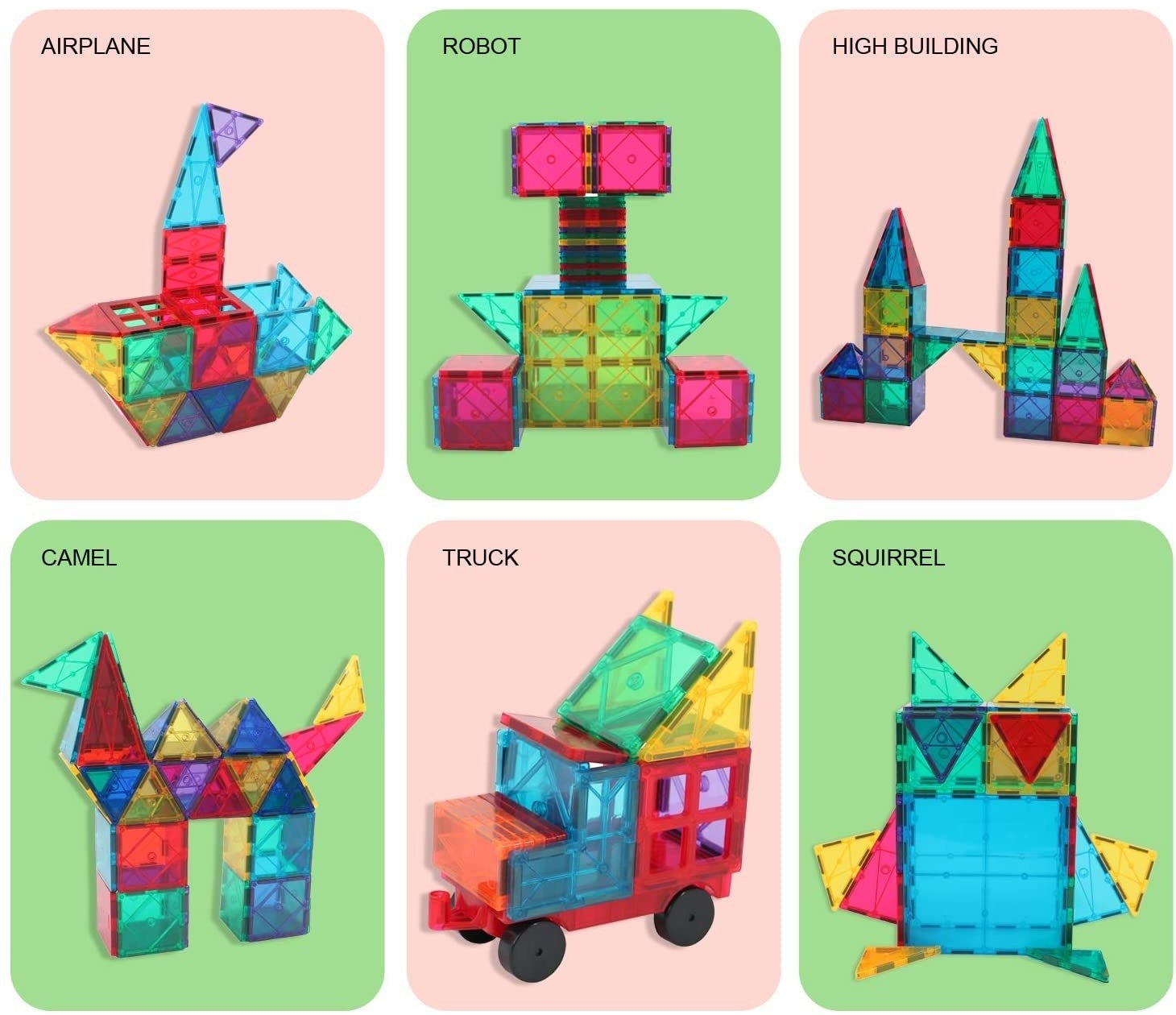 Six different build options for magnetic toys