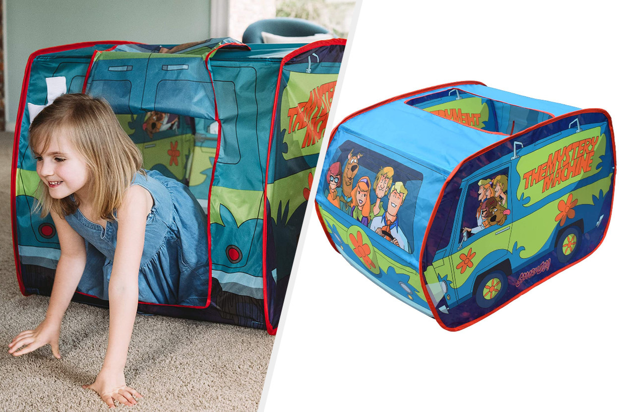 Split image of child crawling out the back of Mystery Machine and front/side view of play tent