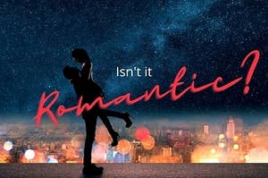 A man holding a woman in his arms, lifting her off the ground, with stars and a city skyline in the background. Words read "Isn't it romantic?"