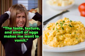 Rachel Green from "Friends" looking stressed and a plate of scrambled eggs 