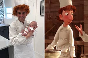 On the left, Mathew, the author, dressed up like Linguini from "Ratatouille" holding his baby son, and on the right, Linguini from "Ratatouille"