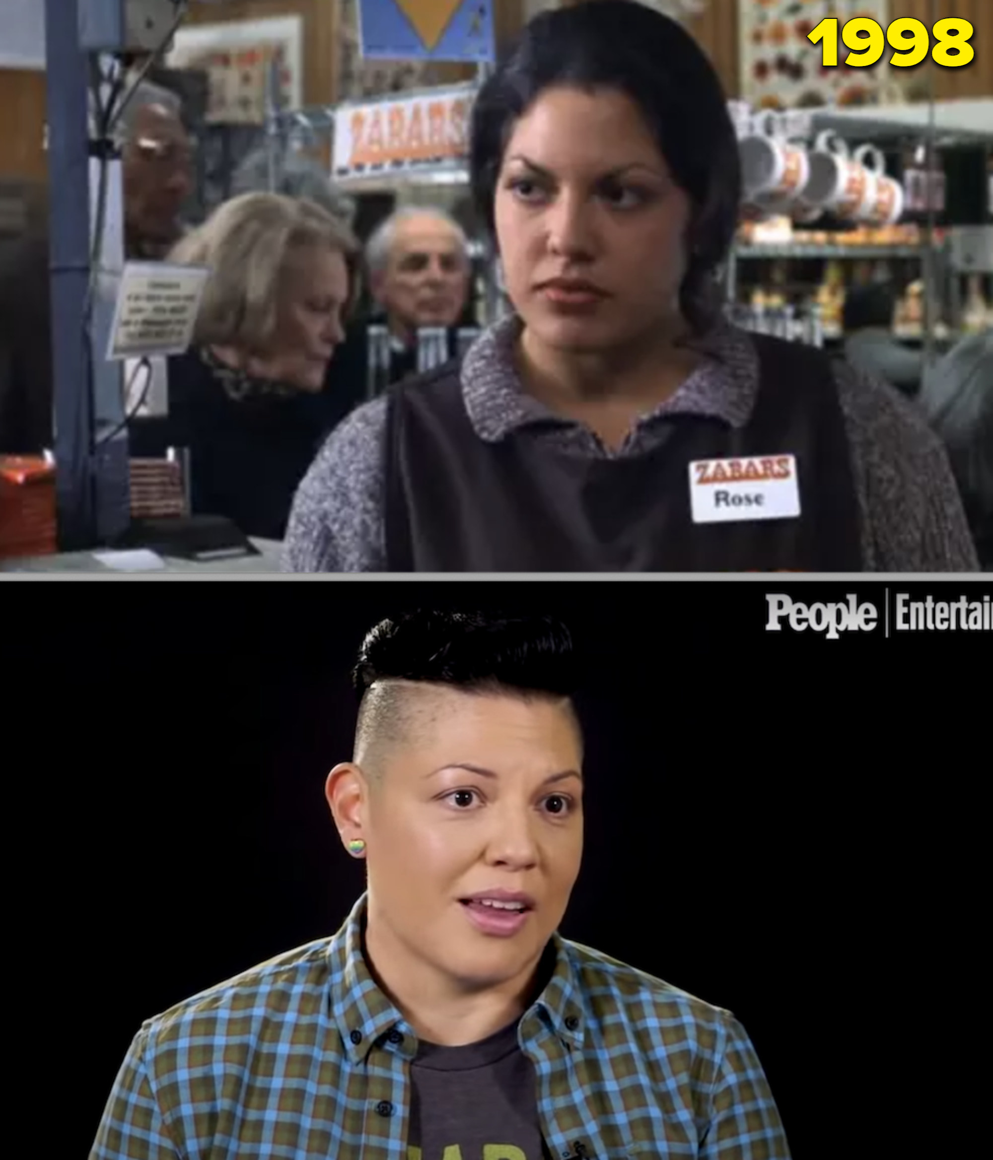 Sara as a cashier in &quot;You&#x27;ve Got Mail&quot; vs. Sara in an interview in 2008