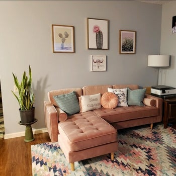 reviewer photo of the couch in light pink in a well-decorated room