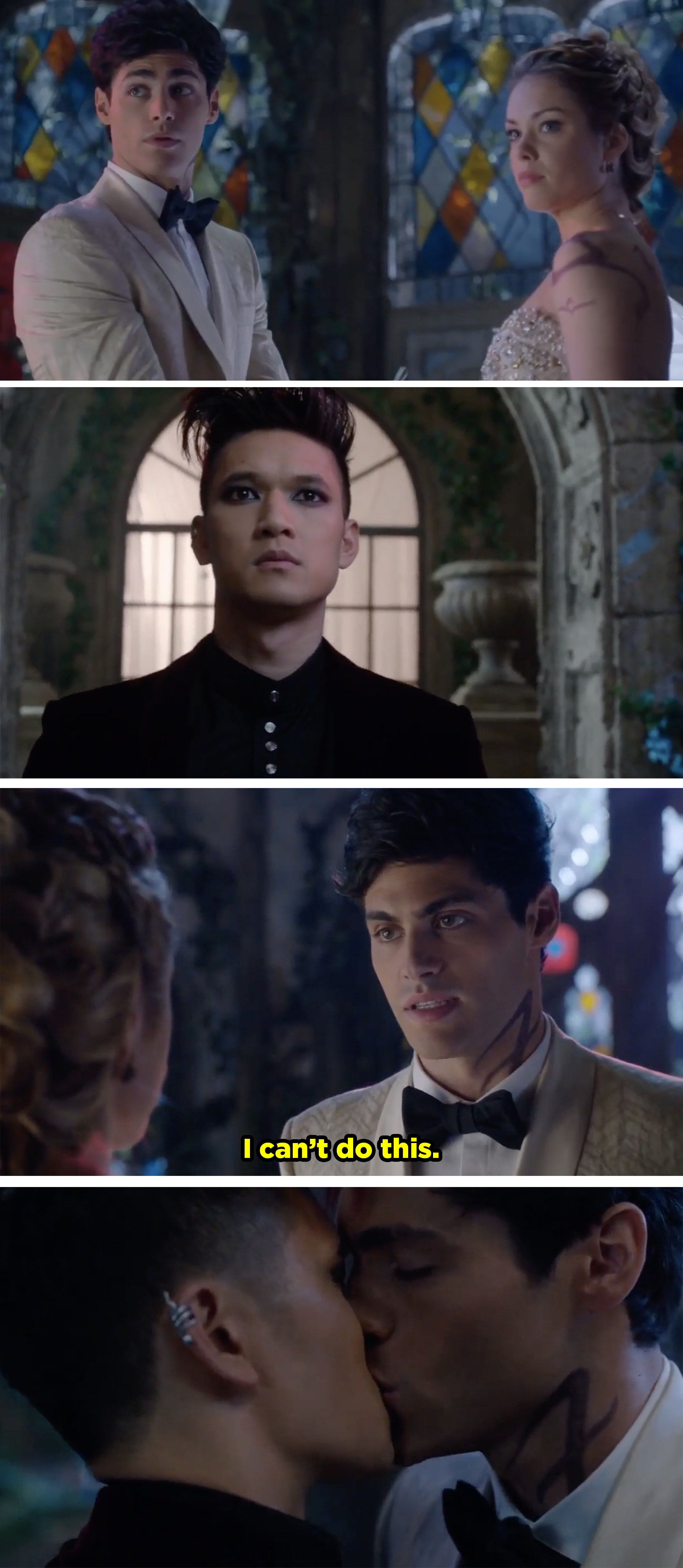 Magnus interrupts Alec&#x27;s wedding and then Alec tells Lydia he can&#x27;t marry her and he runs to Magnus and kisses him.