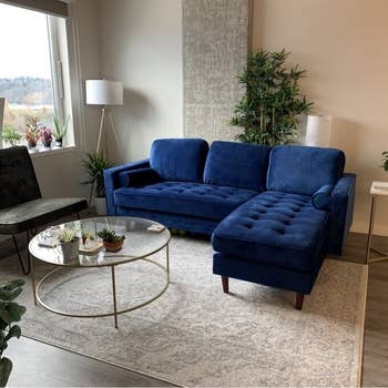 reviewer photo of the couch in navy blue in a well-decorated room with a view