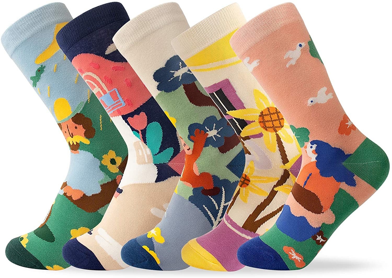 cute socks with chunky illustrations of monkeys, flowers, and more
