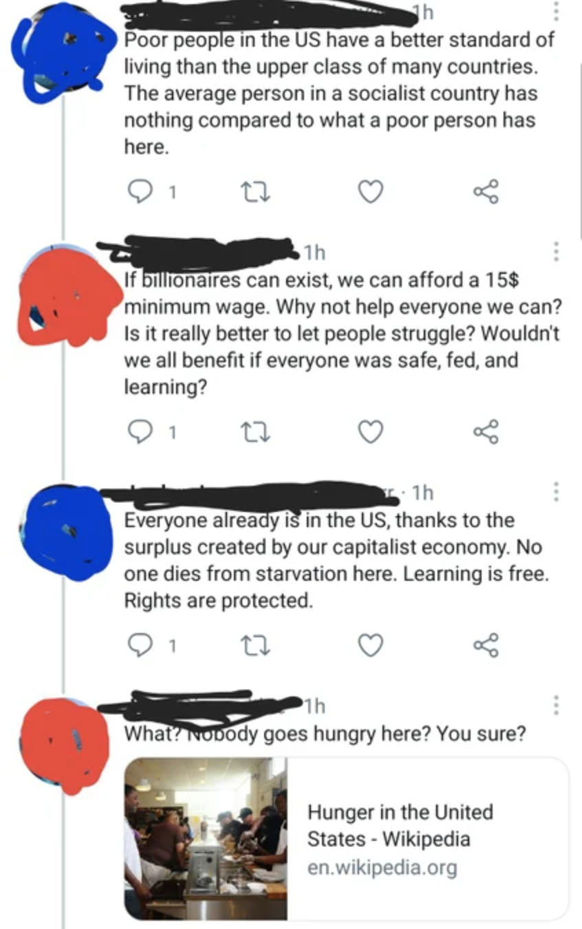 Series of tweets: Poor people in the US have better standard of living than upper class of many countries; why not help everyone we can; no one dies from starvation in the US; link to Wikipedia article on hunger in the US