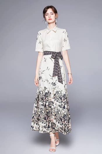 short sleeve dress with big tie waist and leave illustration on the skirt
