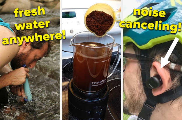 A split thumbnail of a lifestraw, a coffee maker, and earbuds