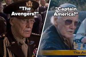 Stan Lee wears a WWII general's uniform and hat and Stan Lee looks over his shoulder as a camera crew approaches him for an interview.