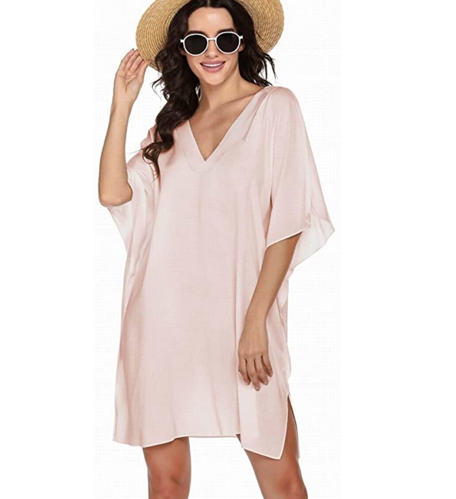 A women&#x27;s bathing suit cover up in pink