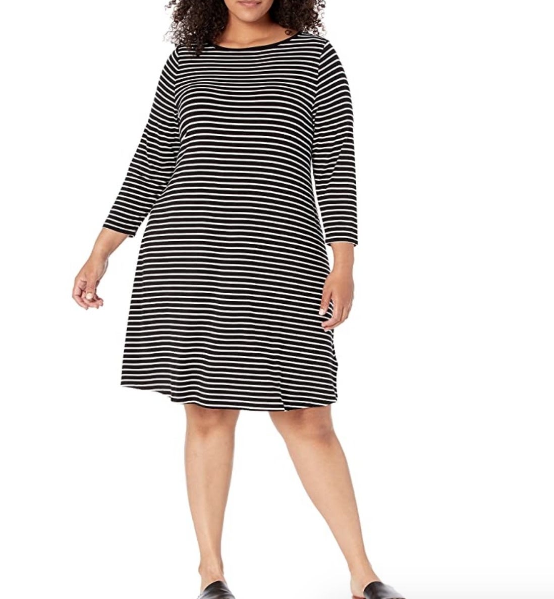 A women&#x27;s black/white striped, plus-size, boatneck, 3/4 sleeve dress