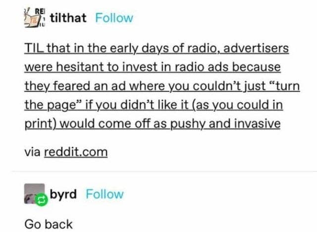 A tumblr post describing how advertisers were initially wary of radio ads because they seemed pushy and invasive