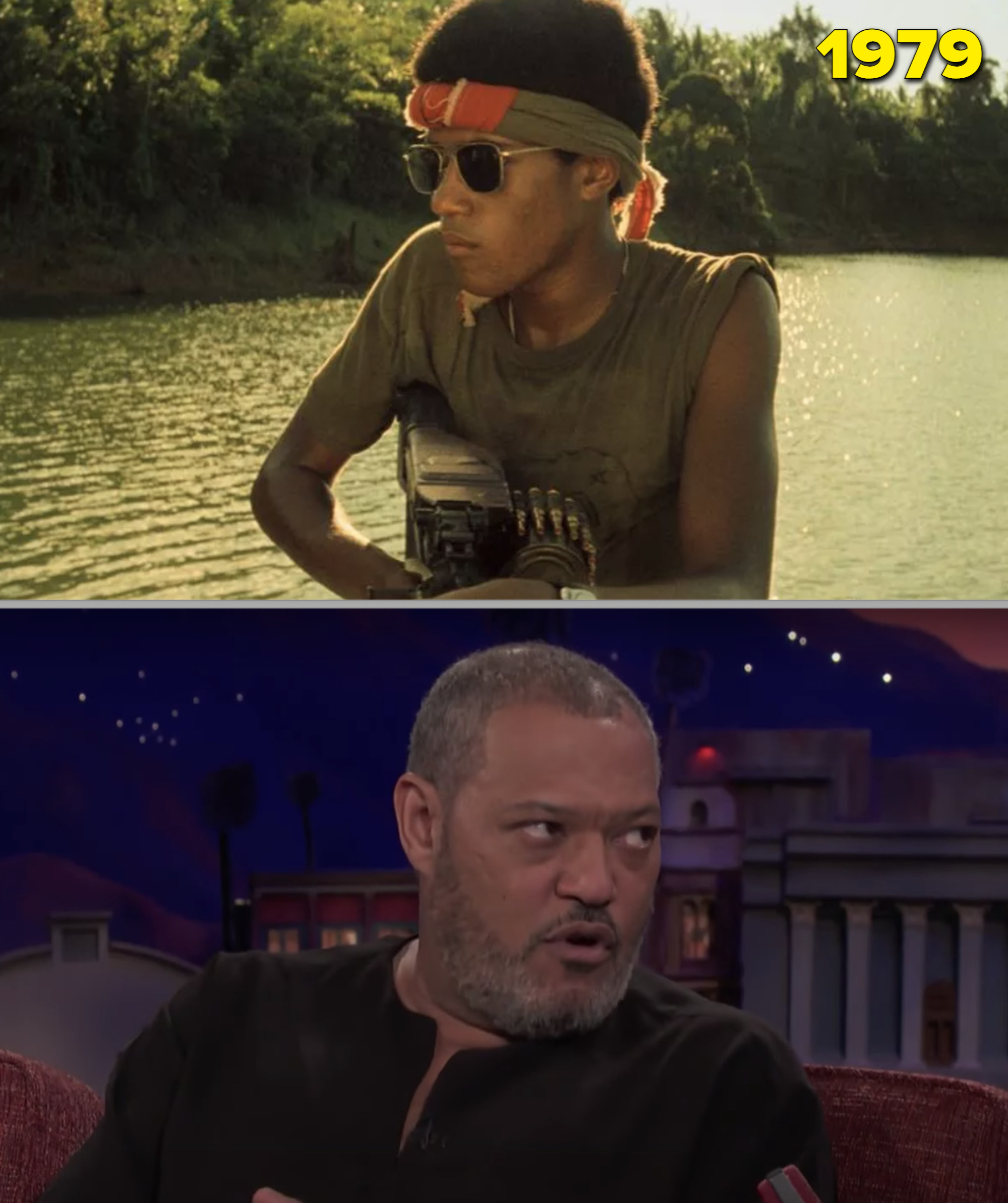 Laurence Fishburne in &quot;Apocalypse Now&quot; holding a machine gun vs. him being interviewed in 2018