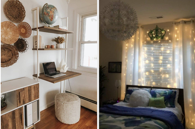 a wall mounted desk and a curtain of string lights
