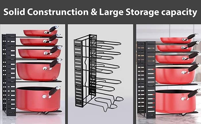 An adjustable metal shelf rack to store pots and pans of various sizes.