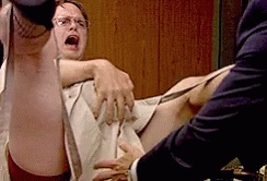 Rainn Wilson as Dwight from &quot;The Office&quot; pretending to give birth to a watermelon