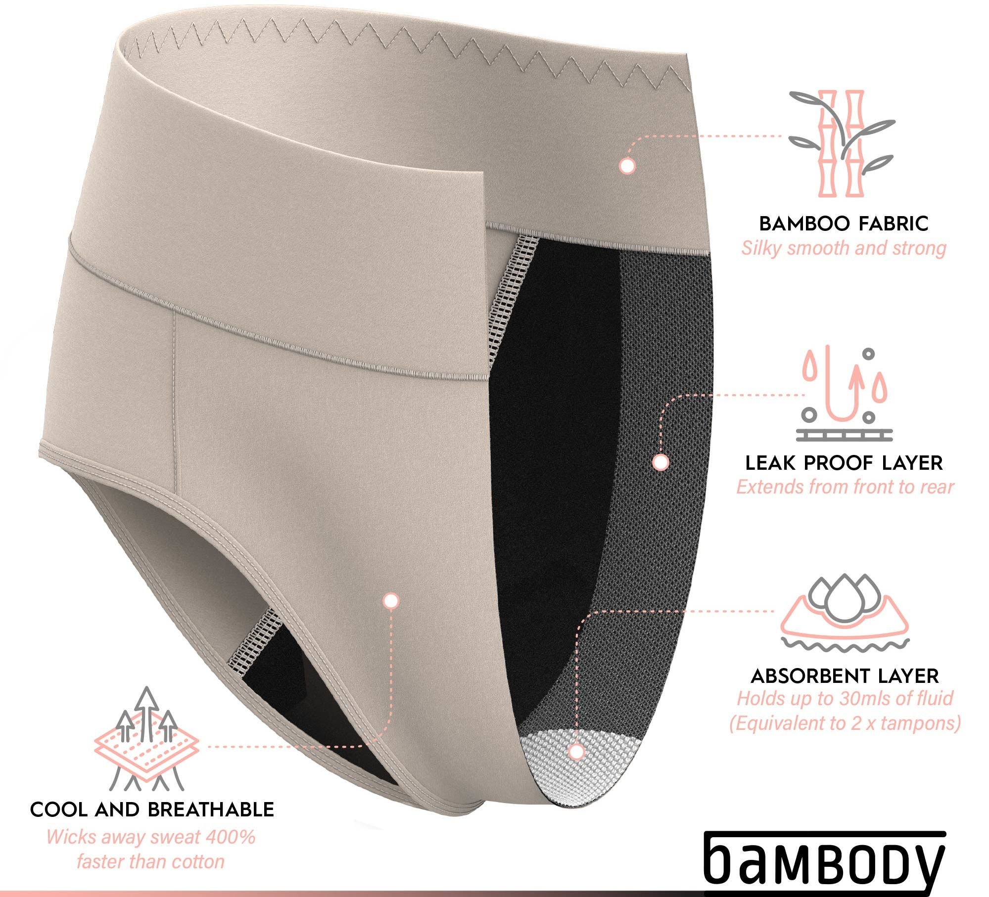(3) BAMBODY ABSORBENT BRIEF PROTECTIVE PERIOD UNDERWEAR BAMBOO SIZE 8 / XL
