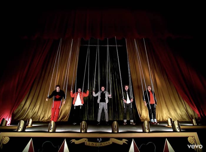 NSYNC tied up to marionette strings in the Bye Bye Bye music video