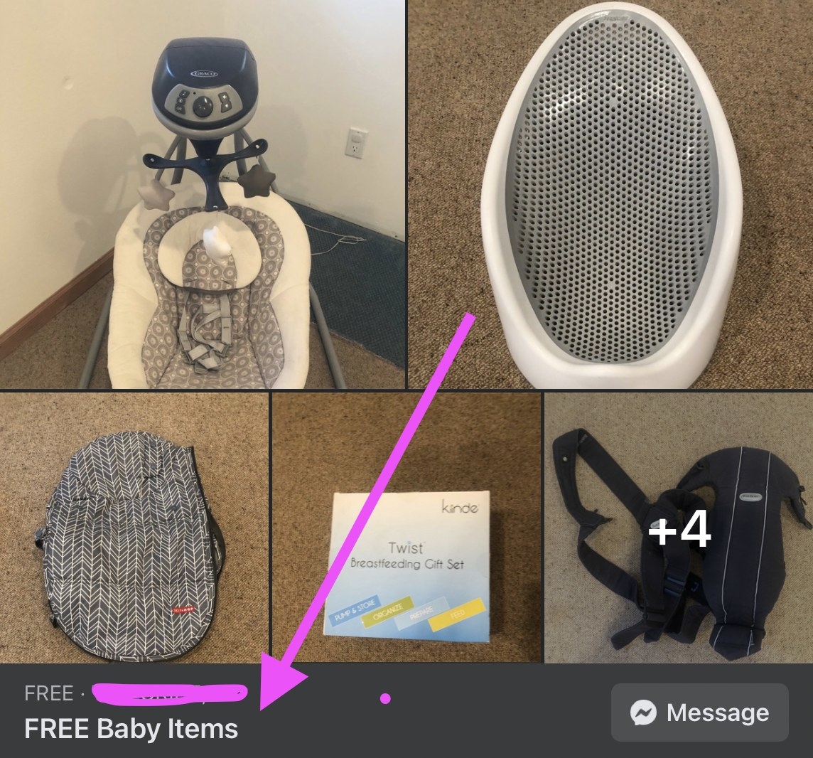 Screenshot of free baby items available