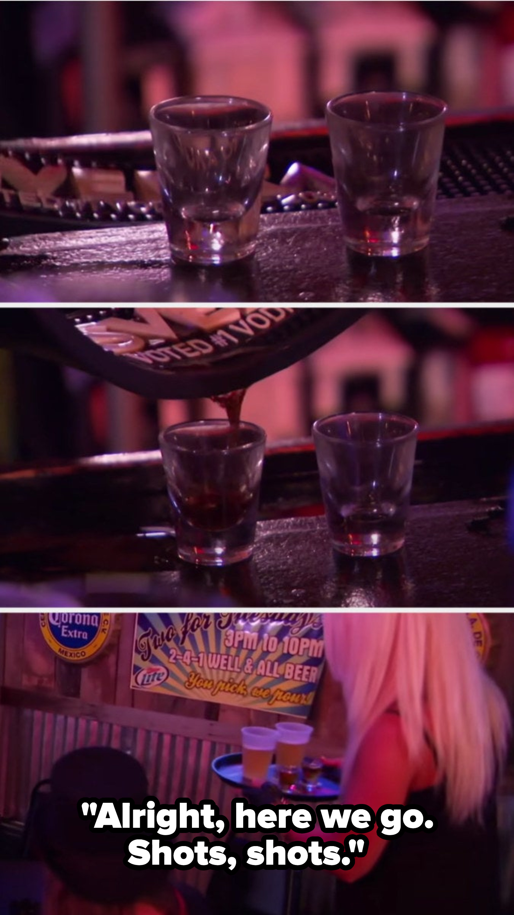 A woman pouring spilt liquor from a bar spill mat into shot glasses and serving them to her friends