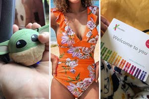 to the right: a baby yoda speaker, middle: a model in a bathing suit, to the left: 23andme kit