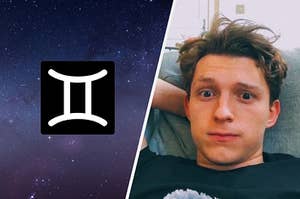 Tom Holland making a cute silly face beside the Gemini symbol
