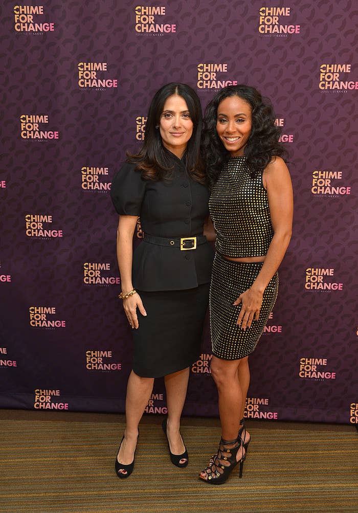 Salma Hayek (L) and Jada Pinkett Smith attend the launch of Chime for Change