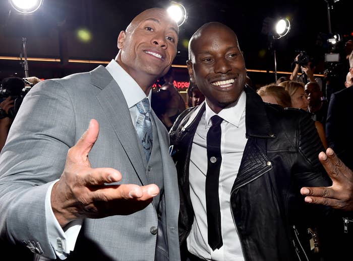 Dwayne and Tyrese pose at a premiere together