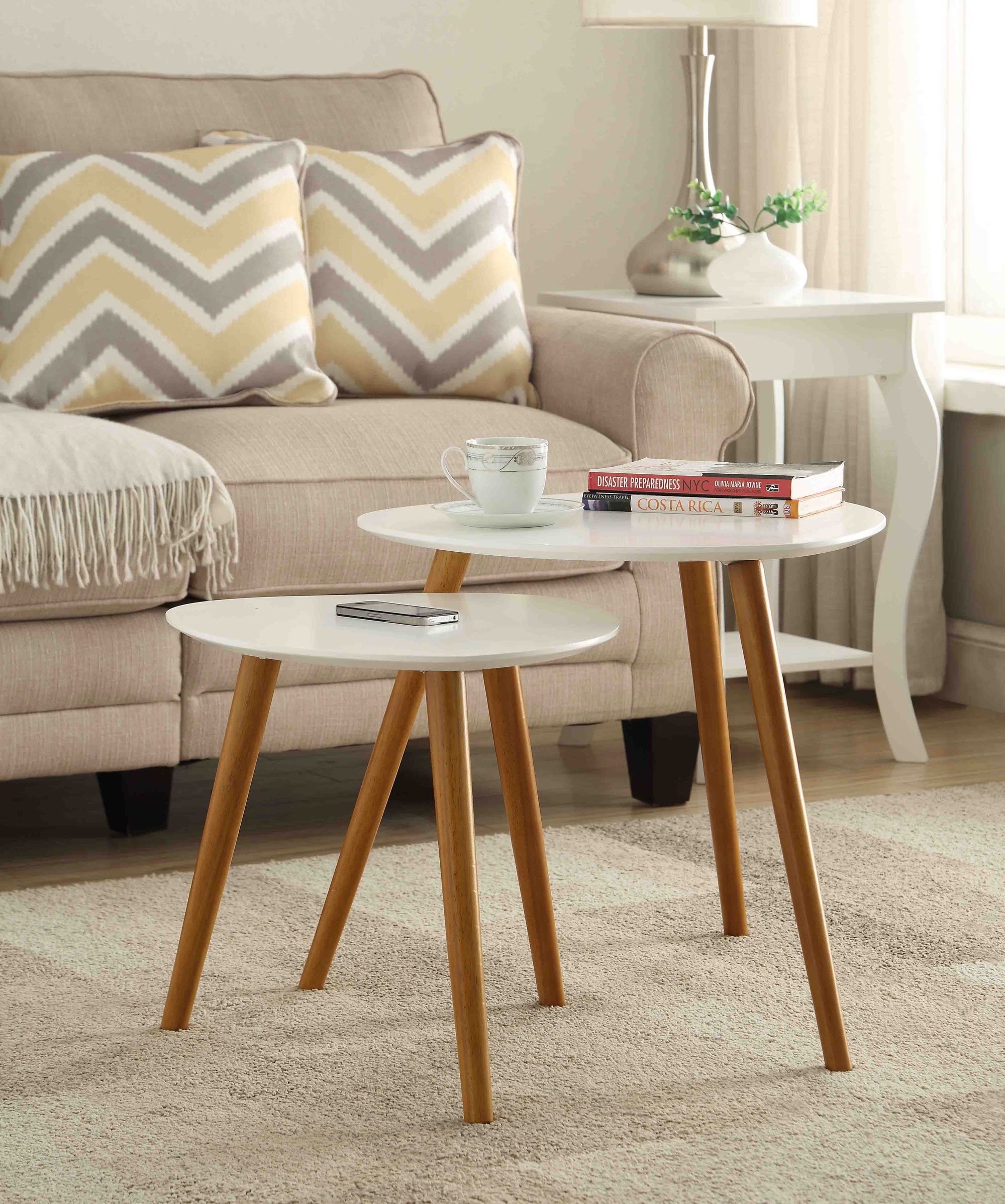 Two small white and brown end tables