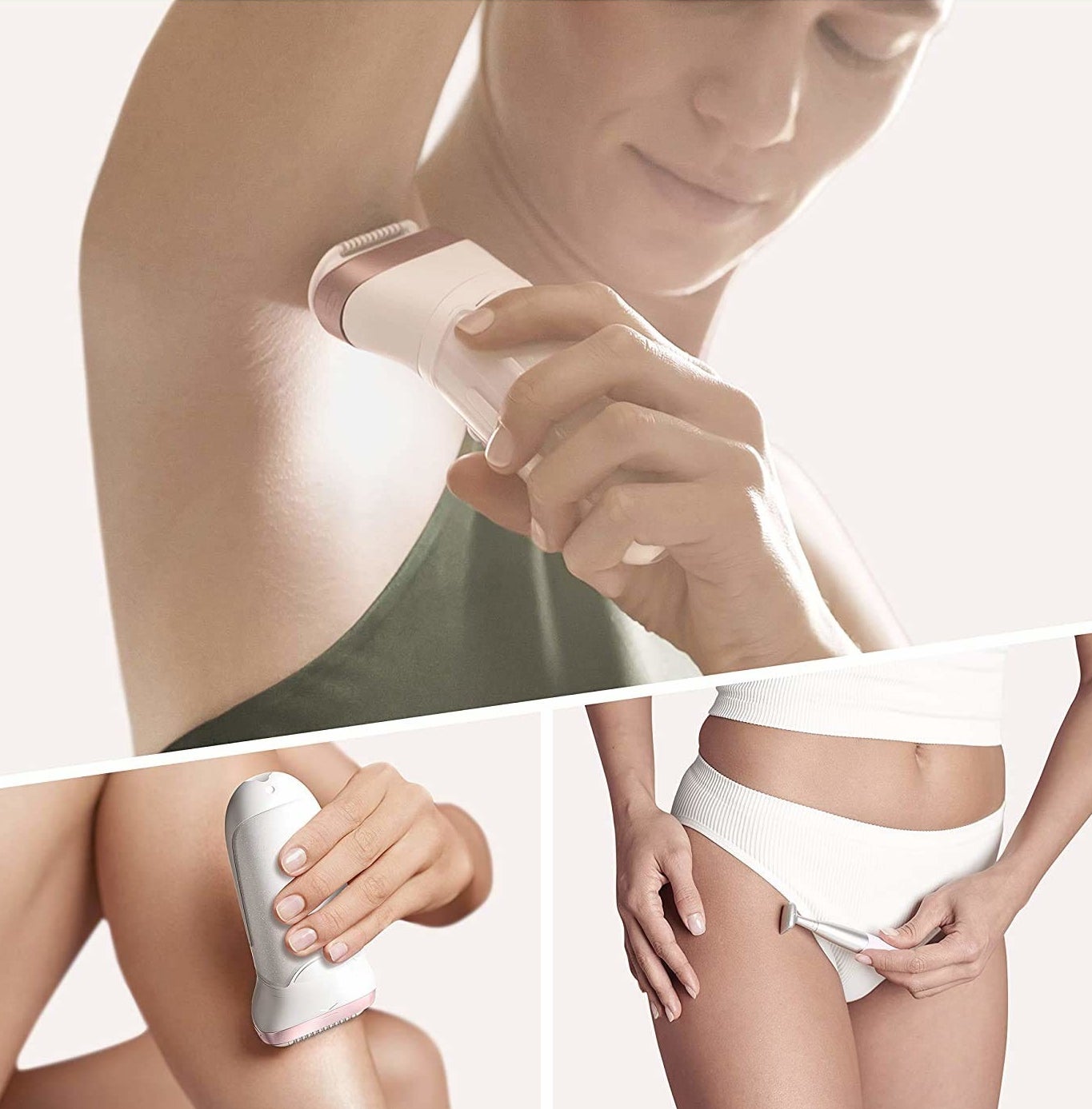 woman using the epilator on her underarms, legs, and using the bikini trimmer