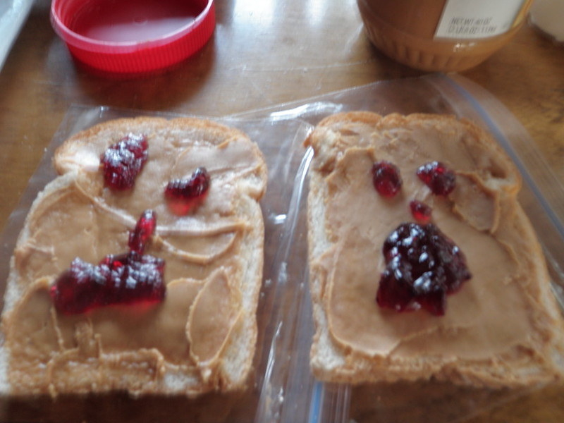 Two slices of bread, spread with peanut butter and dollops of jelly made to look like faces.
