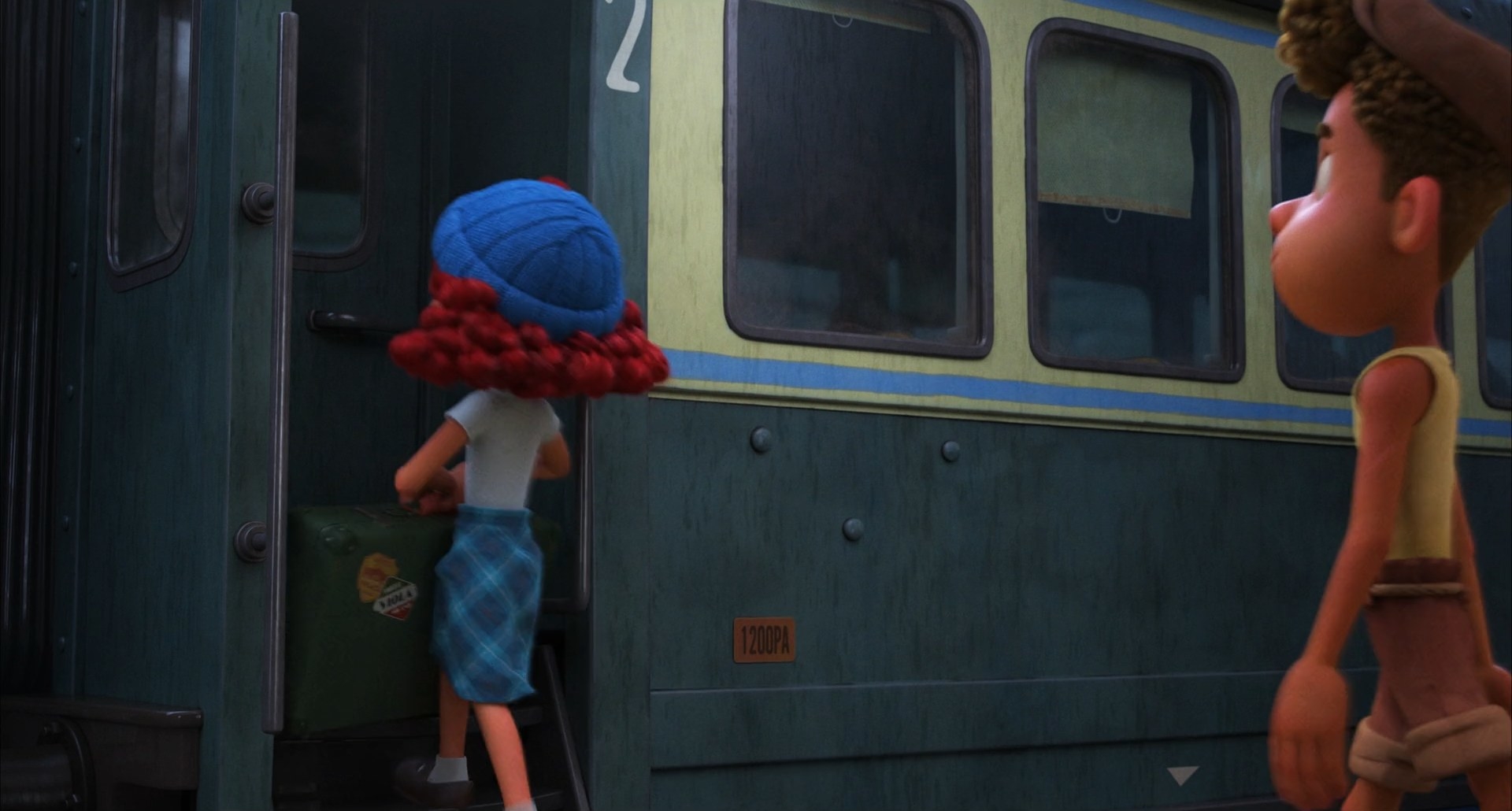 A redhaired girl boards a train.