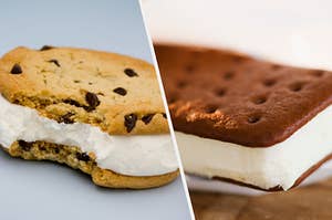 A ice cream cookie sandwich as a single bite taken out of it and a side shot of a chocolate ice cream sandwich.