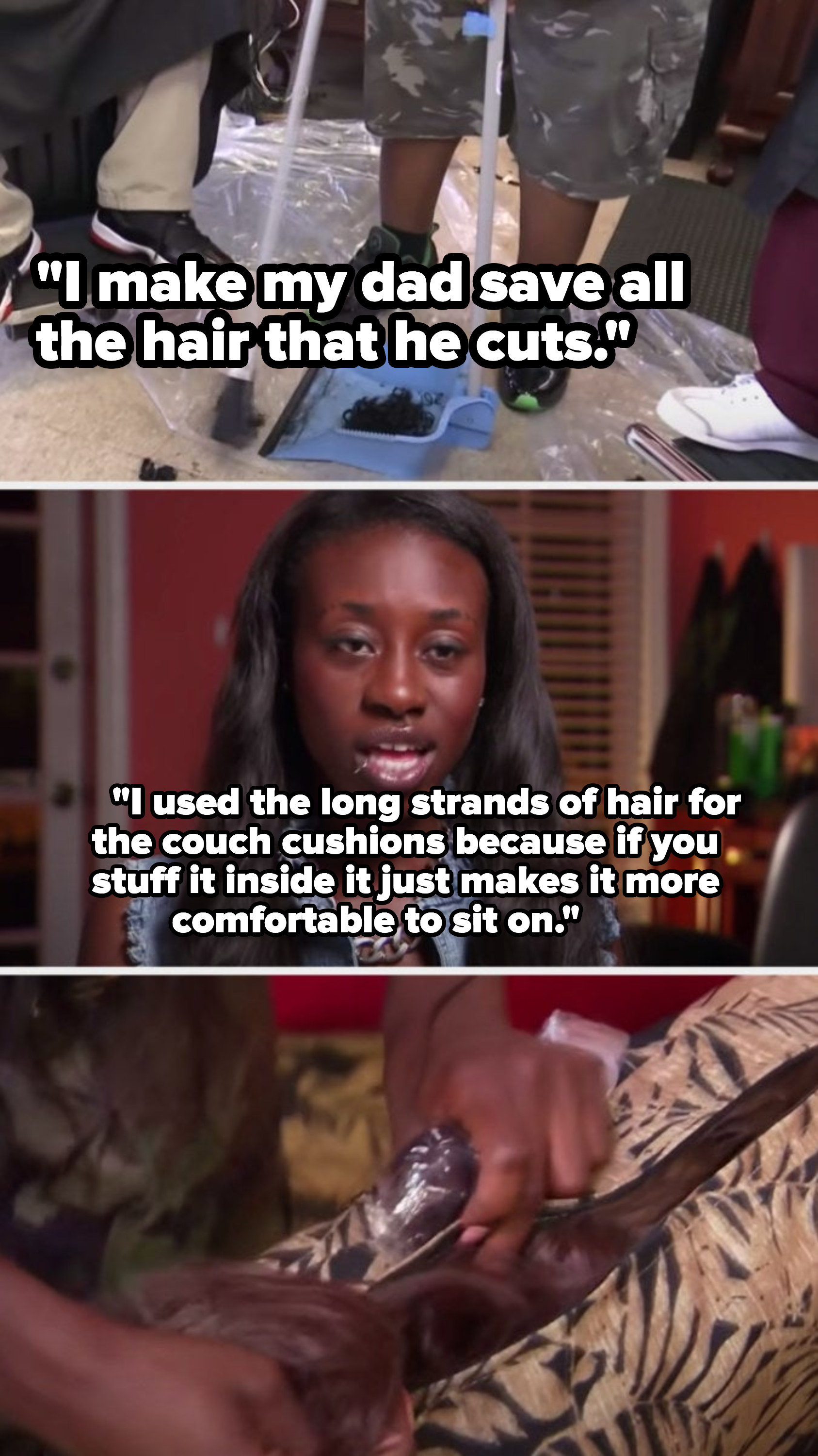 A woman taking hair from the floor of a barber shop to stuff couch cushions