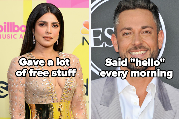 priyanka chpora with the text "gave a lot of free stuff" and zachary levi with the text "said hello every morning"
