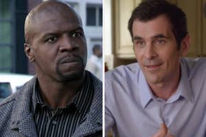 Phil Dunphy sits at his kitchen table while wearing a soft blue button up shirt and a close up of Julius' face as he scowls deeply.