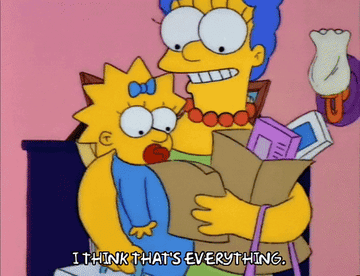 A gif of Marge Simpson carrying Maggie and groceries while saying, I think that&#x27;s everything