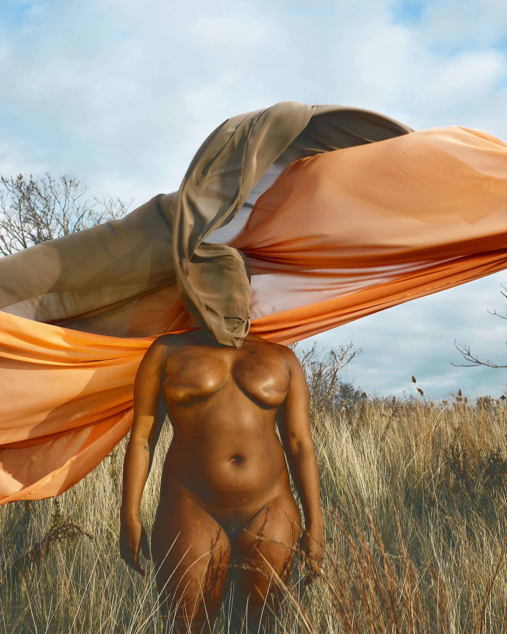 A women stands naked in a grass field with fabric covering her head