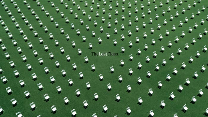 Hundreds of empty white fold-out chairs