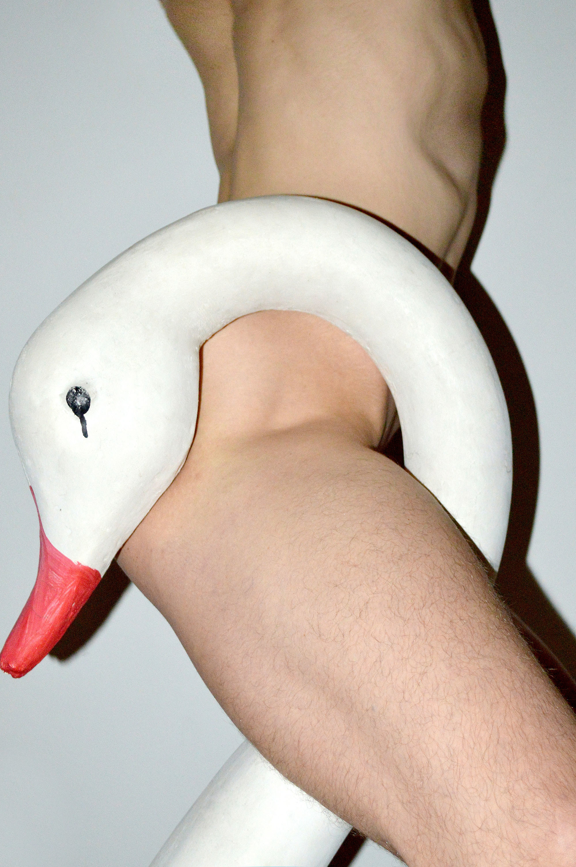 A naked man rides a plastic swan&#x27;s neck