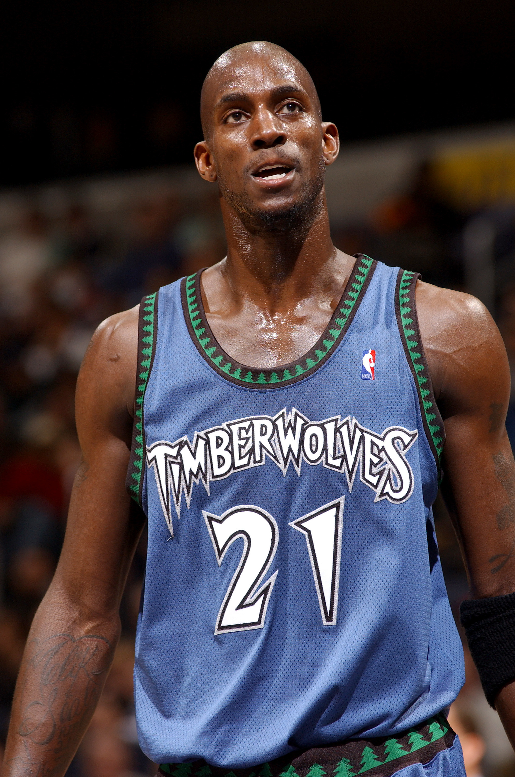 Blue Timberwolves jersey with white lettering and green trees outlining black trim