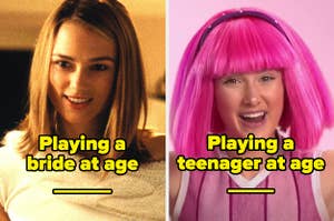 Keira Knightley in Love Actually labeled "Playing a bride at age _____" and Julianna Rose Mauriello in LazyTown labeled "Playing a teenager at age _____"