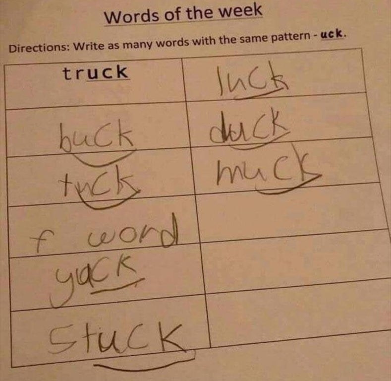 kid writing words that end in uck and they write f word