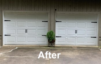 a reviewer photo of the same garage doors with the decorative handles and hinges applied and text reading 